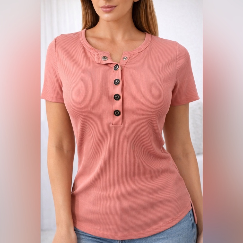 Pink Ribbed Snap Button Henley Tee Top Size M Soft Stretch Short Sleeve Casual